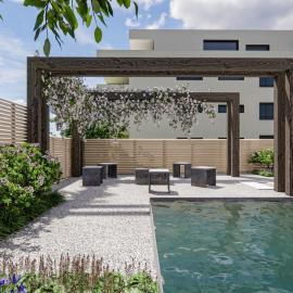 Poolbecken aus Stahl und Pergola