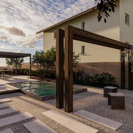 Pergola und Pool im Abendlicht
